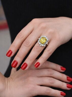 Yellow CZ Sterling silver s925 Halo Cocktail Ring - Women's Fashion Jewelry